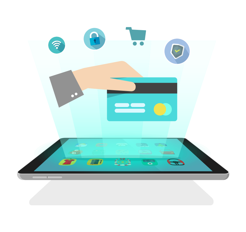 Custom illustration of a hand holding a credit card and ecommerce icons