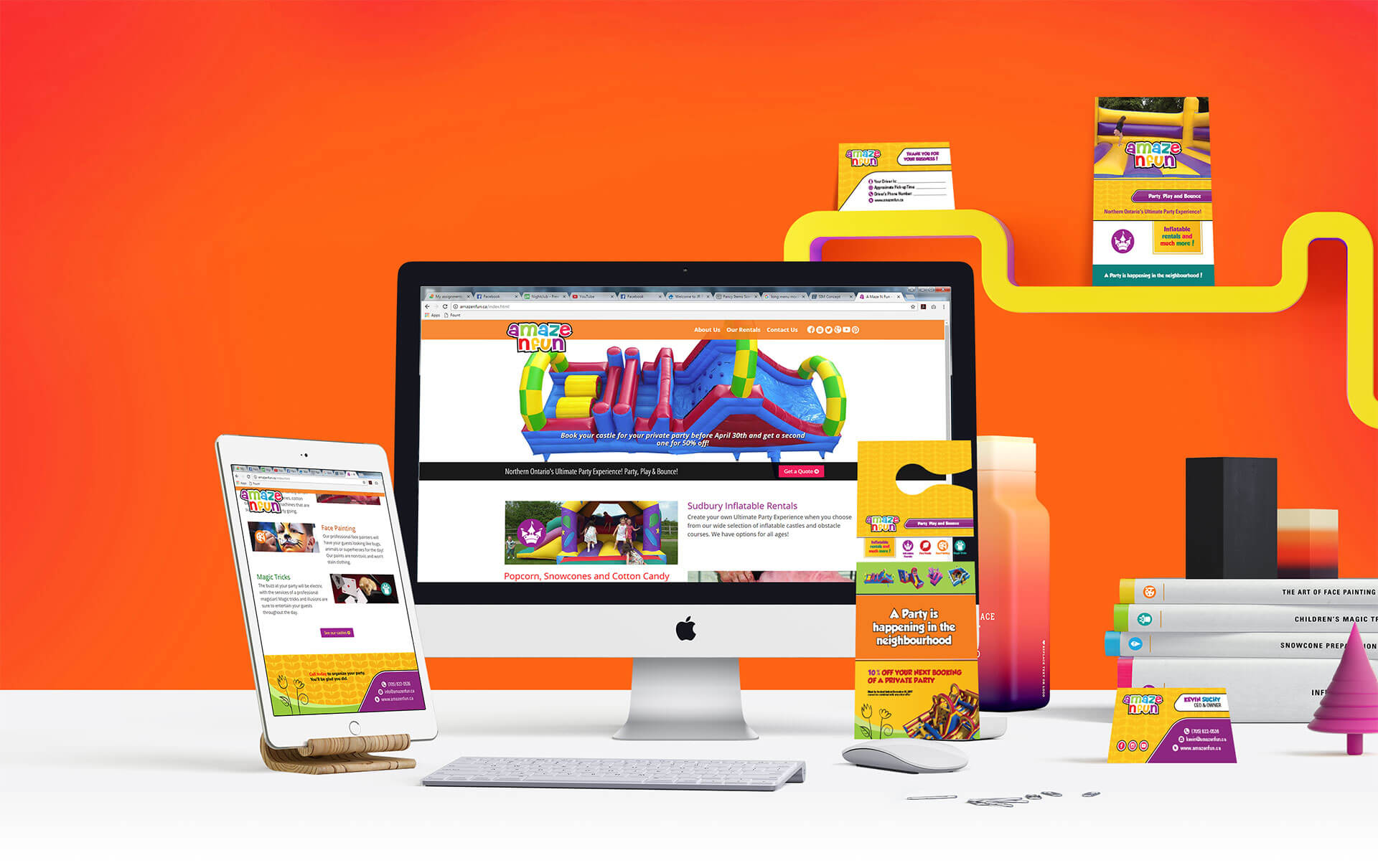 A Maze N Fun professional desktop and tablet website designs matching printed collateral