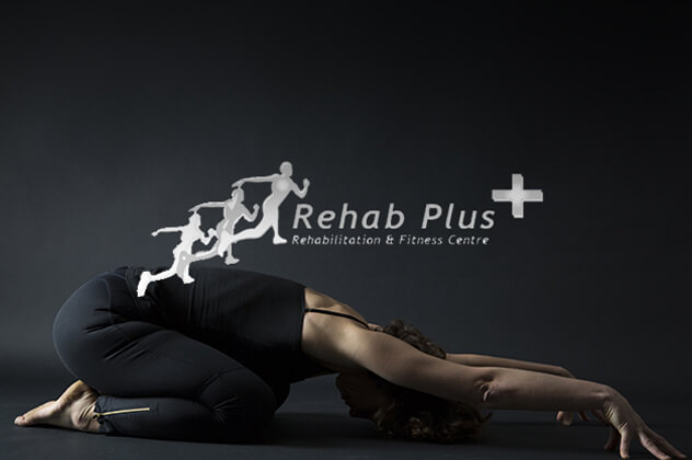 Rehab Plus logo above woman stretching