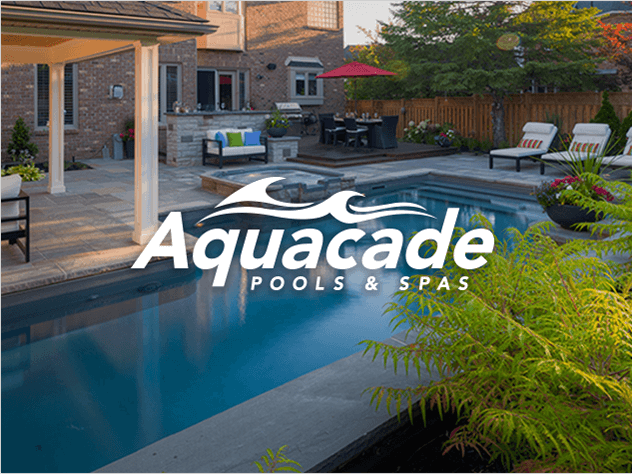Aquacade logo designed above a professional outdoor pool photograph