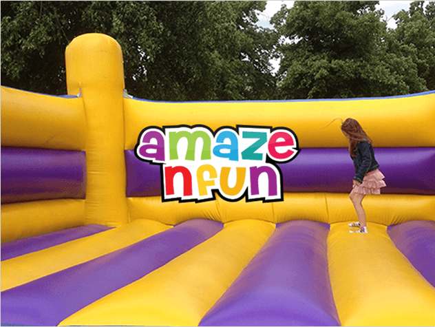 A Maze N Fun logo above a photo of a young girl jumping on a bouncy castle