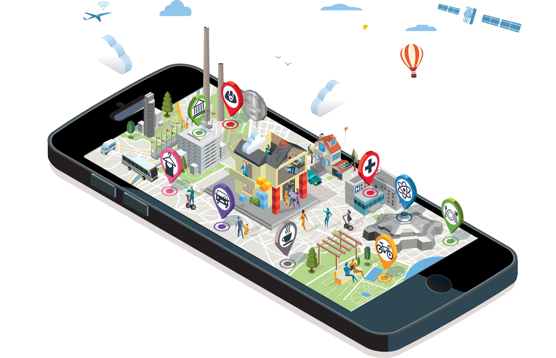 Custom Illustration Design of Sudbury map and landmarks displayed on a cellphone